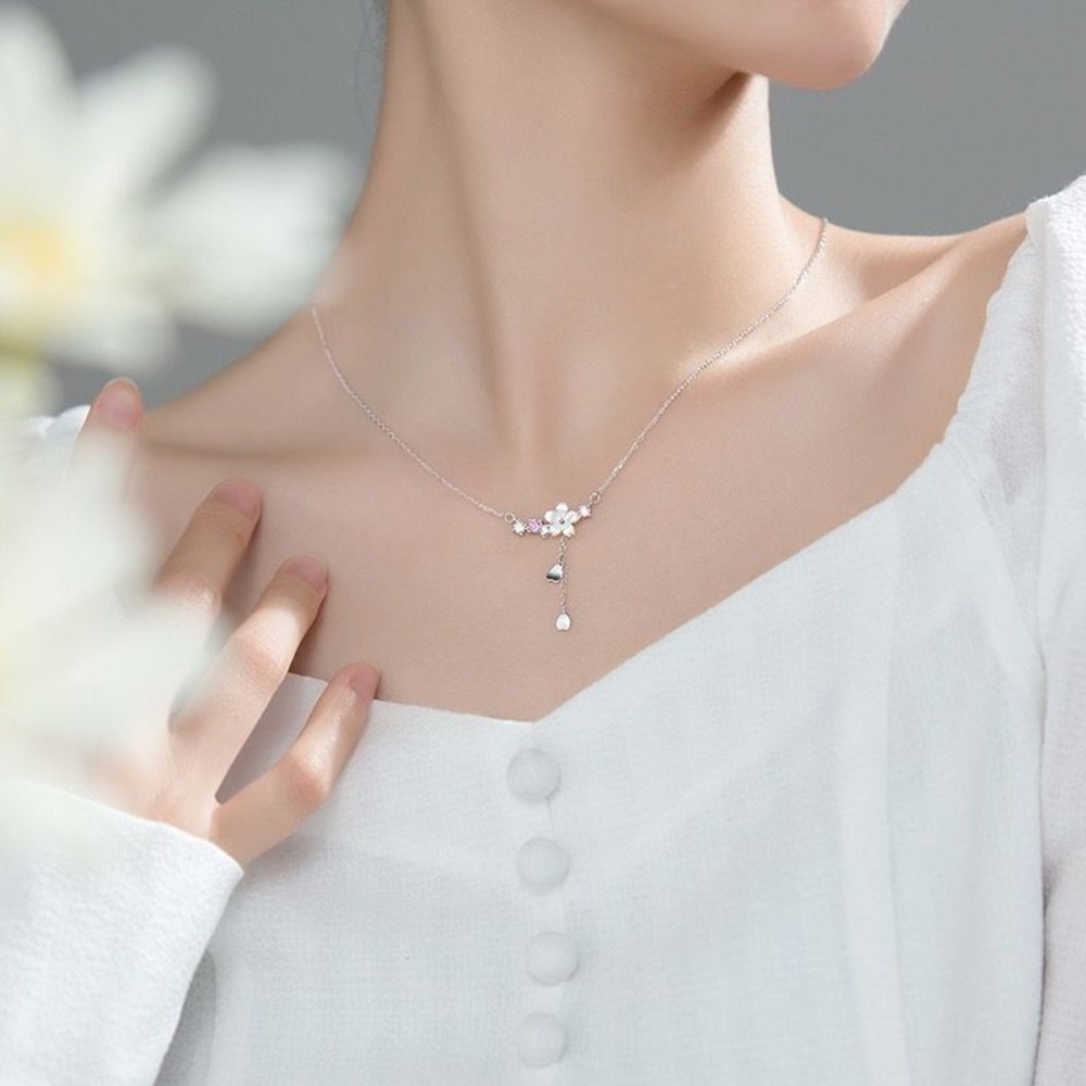 NEW Silver Cherry Flower Shell Long Tassel Necklace - Picture 8 of 9